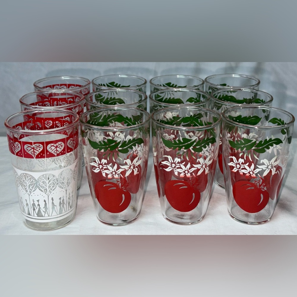 Vtg Anchor Hocking Gay Fad Lot 12 Juice 6oz Glasses Tomato & Old Shaker People